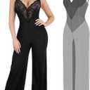 Popilush Lace Shapewear Jumpsuit for Women Built In Shapewear Backless V Neck Flare leggings Spaghetti Straps Wide Leg Romper (Black, M)