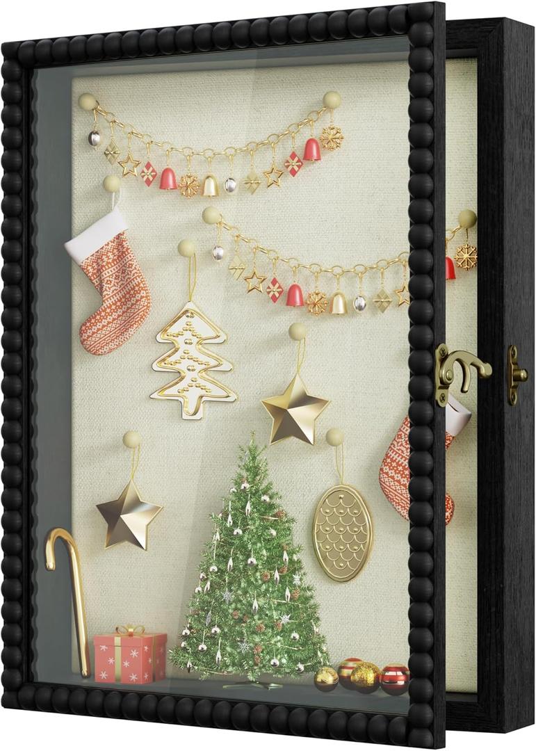 Love-KANKEI Shadow Box Frame 11x14, Deep Large Shadow Box Display Case with Unique Beads Door and Glass Window, Wood Memory Box for Pictures, Medals, Memorabilia, Collections Black