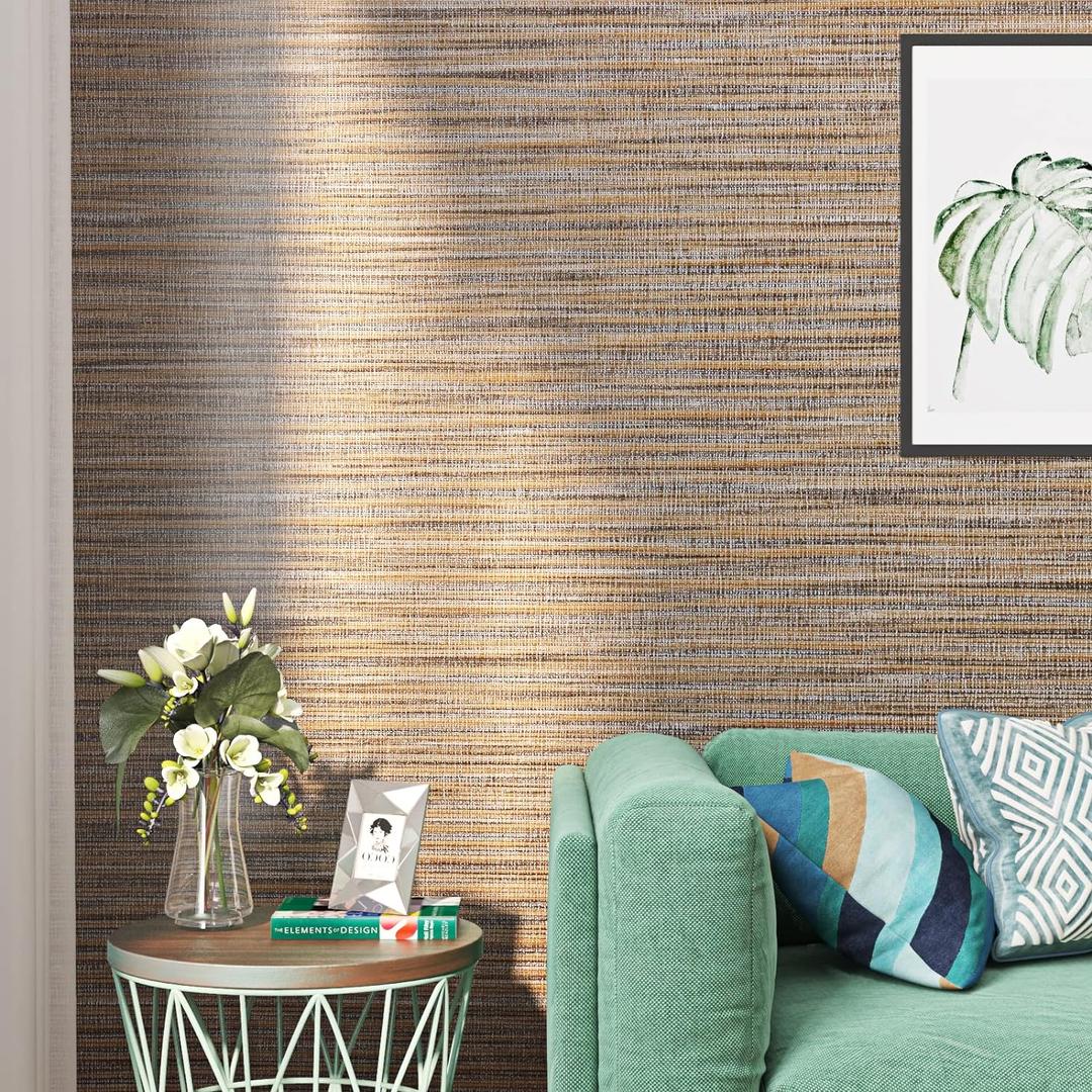 FunStick 15.7"x240" Brown Grasscloth Peel and Stick Wallpaper Textured Fabric Wallpaper Tan Grass Cloth Linen Contact Paper Self Adhesive Removable Wallpaper for Bedroom Walls Cabinets Drawers Shelves