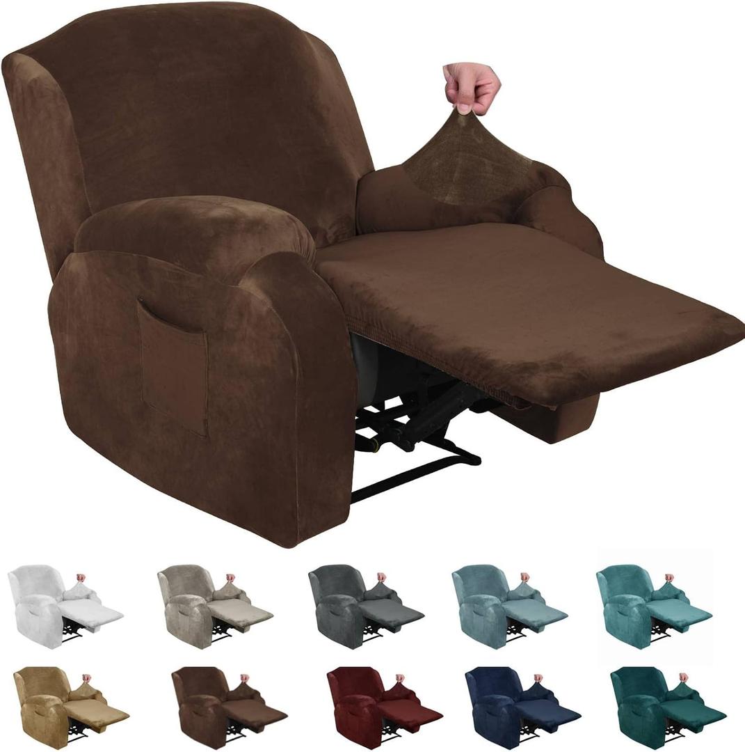 MAXIJIN Oversized Recliner Chair Covers Velvet Plush 4 Piece Stretch Recliners Covers for Large Recliner Slipcovers Soft Washable Reclining Protector with Side Pocket (XL Recliner, Dark Coffee)