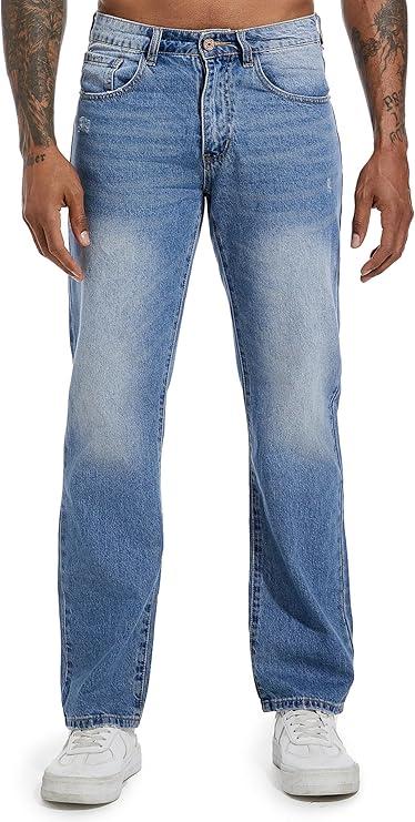 Men's Non-Stretch Regular Fit Straight-Leg Denim Pants Jeans (A#blue, L)