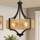 4-Light Rattan Chandelier Light Fixture, 18 Black Metal and Hand-Woven Wicker Shade, Semi-Flush Mount Boho Farmhouse Pendant Lighting for Dining Room, Living Room, Kitchen Island, Bedroom