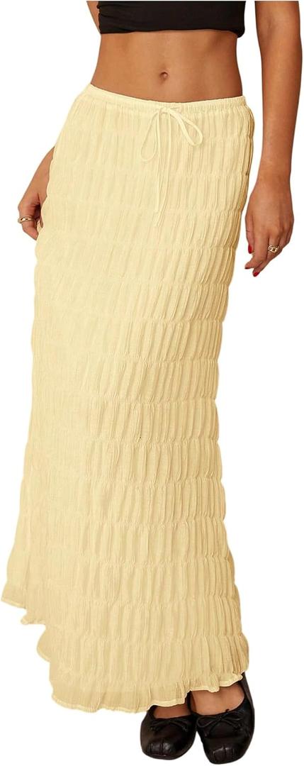 Verdusa Women's Maxi Skirt Shirred Ruffle Textured Pencil Skirt Boho Maxi Long Skirts Going Out (Butter Yellow)