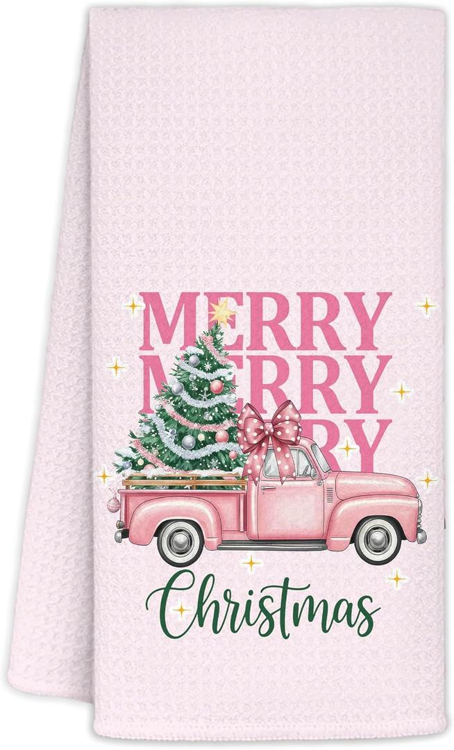 Pink Christmas Kitchen Towels 16x24 Inch, Coquette Pink Bow Christmas Tree Pickup Truck Christmas Hand Towels for Bathroom Decorative, Girly Xmas Dish Tea Towel for Kitchen Decor