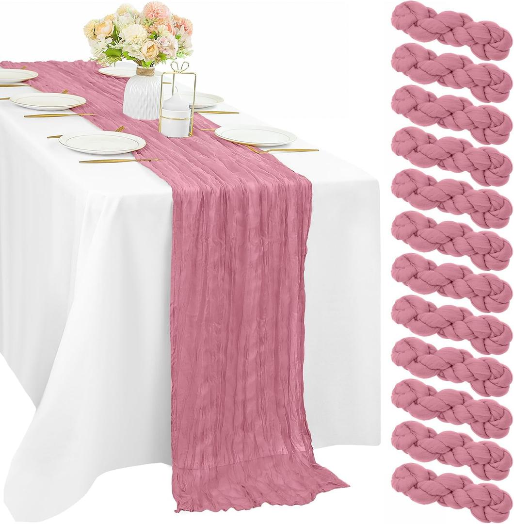 12 Pieces Dusty Rose Cheesecloth Table Runner 10FT Pink Runner for Tables Gauze Fabric Boho 35 x 120 Inches Long Table Runner Decoration Rustic Sheer Runner for Wedding Baby Birthday Party Dusty Rose