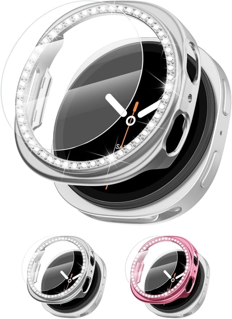 [2+2Pack Bling Diamond Case for Samsung Galaxy Watch 8 Screen Protector 44mm Women, Glitter Rhinestone Protective Hard PC Bumper Covers for Galaxy Watch 8 Case 44mm Cover Accessories (06-Pink/Silver)
