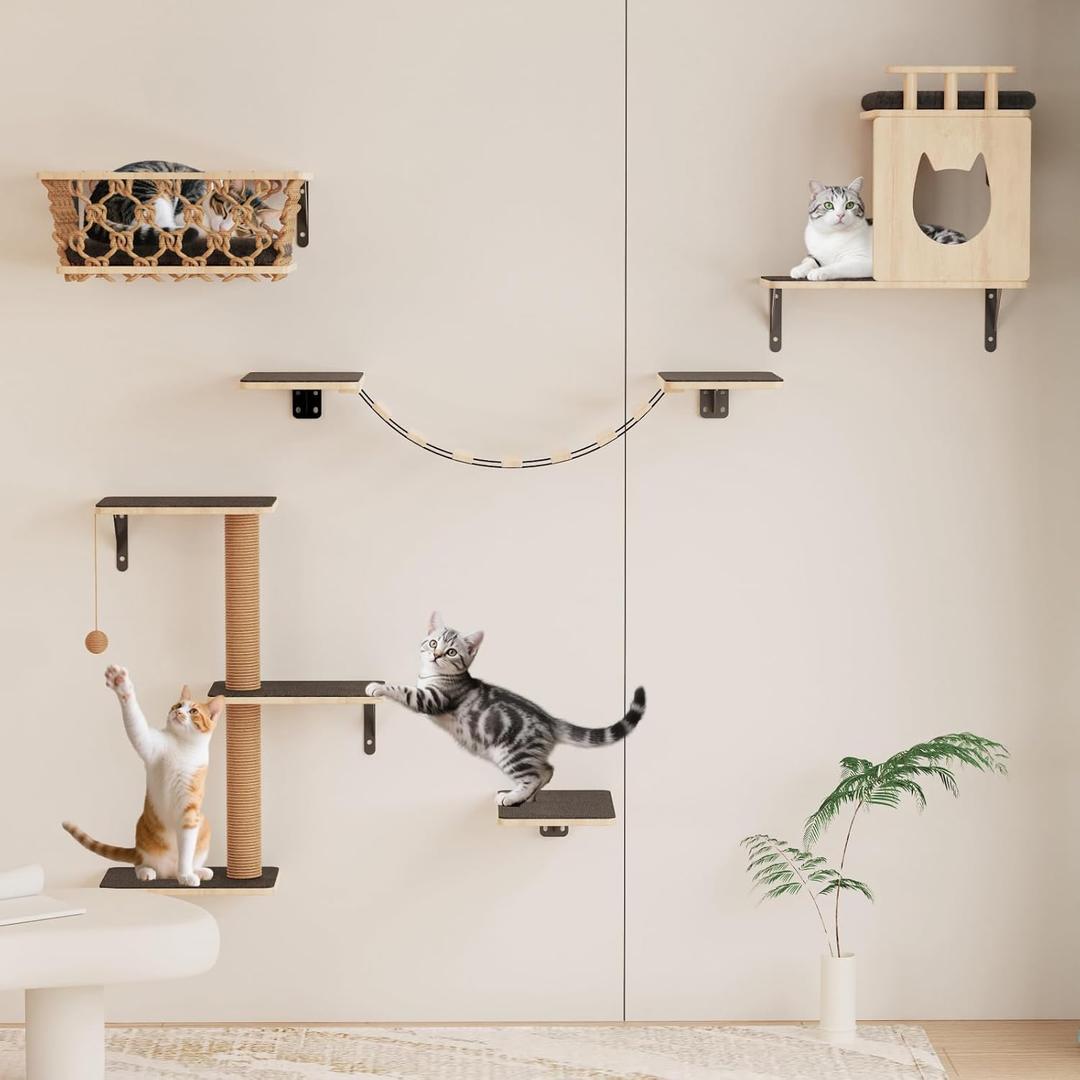 5-in-1 Cat Wall Shelves Set with Hammock, Wall-Mounted Cat Furniture Includes Condo, Bridge, Ladder & Steps for Indoor Cats, Safe & Stable (Gray) (Grey)
