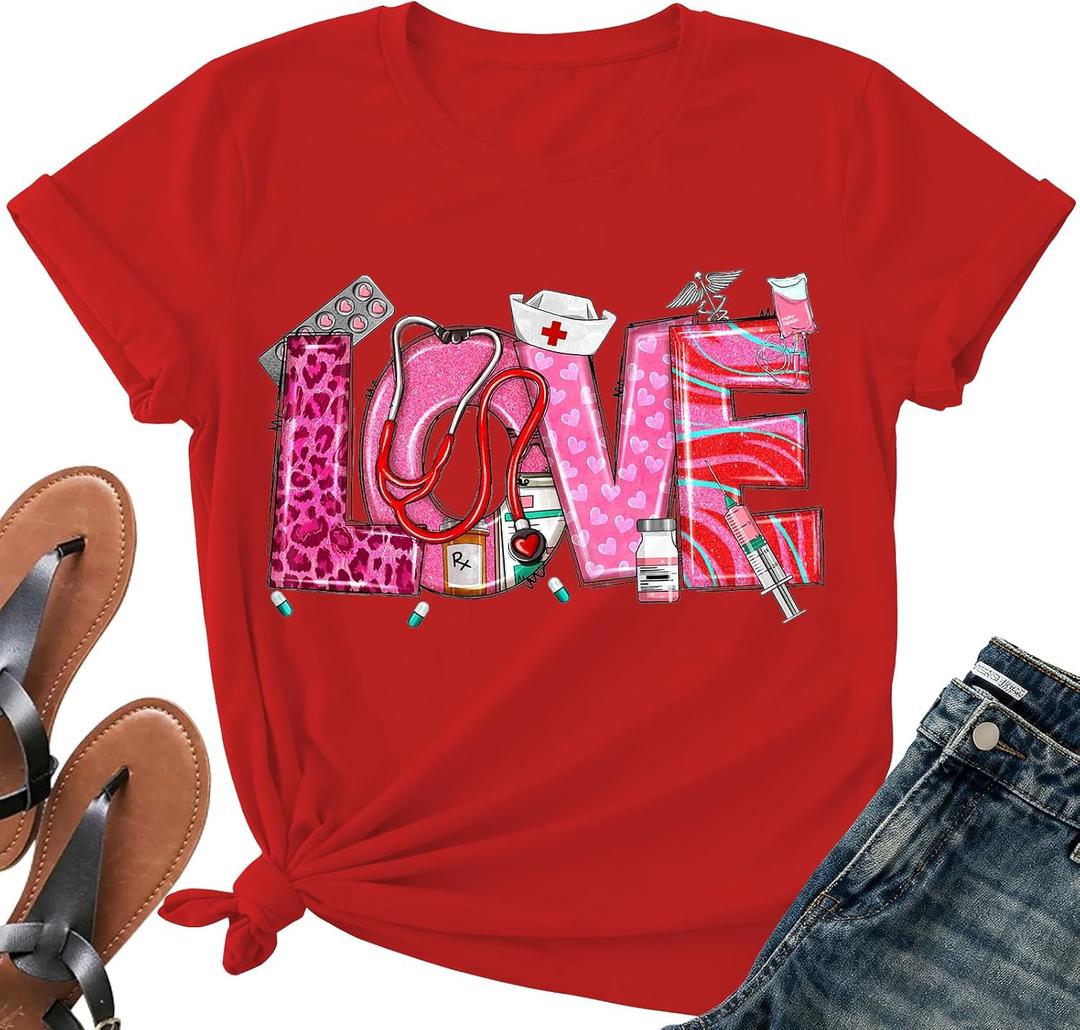 4th of July Nurse Bow Shirts Women-Cute Patriotic Nurse Bow Short Sleeve American Flag Bowknot Tee Tops (Red, XXL)