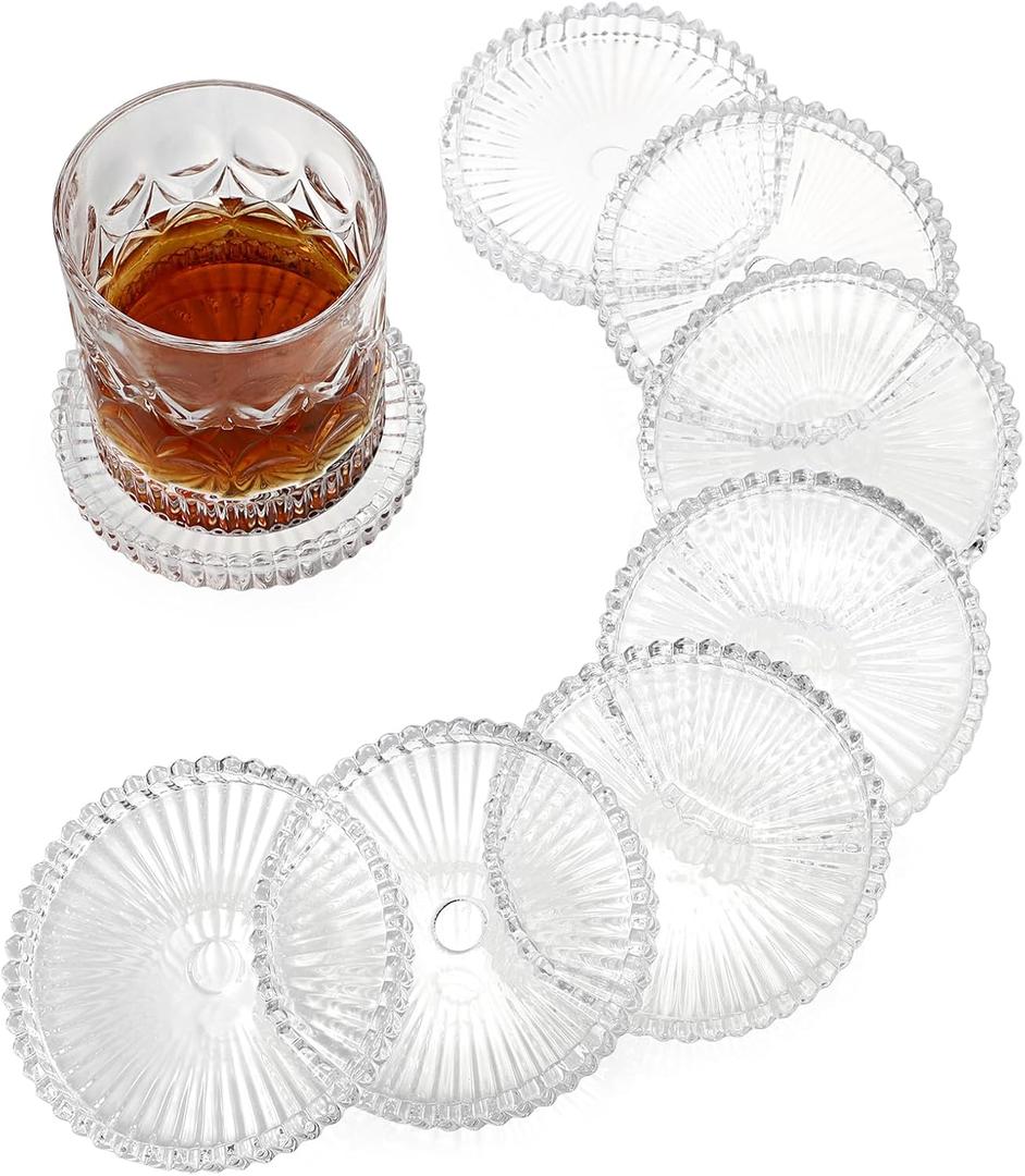 OGANAZI Modern Clear Coaster Set of 8- Glass Coasters for Drinks Crystal Coasters Round Cup Coaster Coffee Table Decor for Office, Kitchen, Bar, Dining Room, Living Room, Patio(Clear)