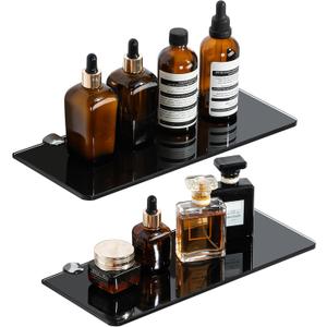 SAYAYO Glass Floating Shelves for Wall, Tempered Glass Shelves for Bathroom, Living Room, Bedroom, Office, Toilet, Kitchen Decor, 12 Inch Set of 2, Black