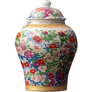 8 inches Ginger Jar with Lid- colored flowers pattern Ceramic Decorative Ginger Jars， chinoiserie gift Enamel decor jar for Home/Kitchen/Dining/living room/shelf decor/Tea Storage