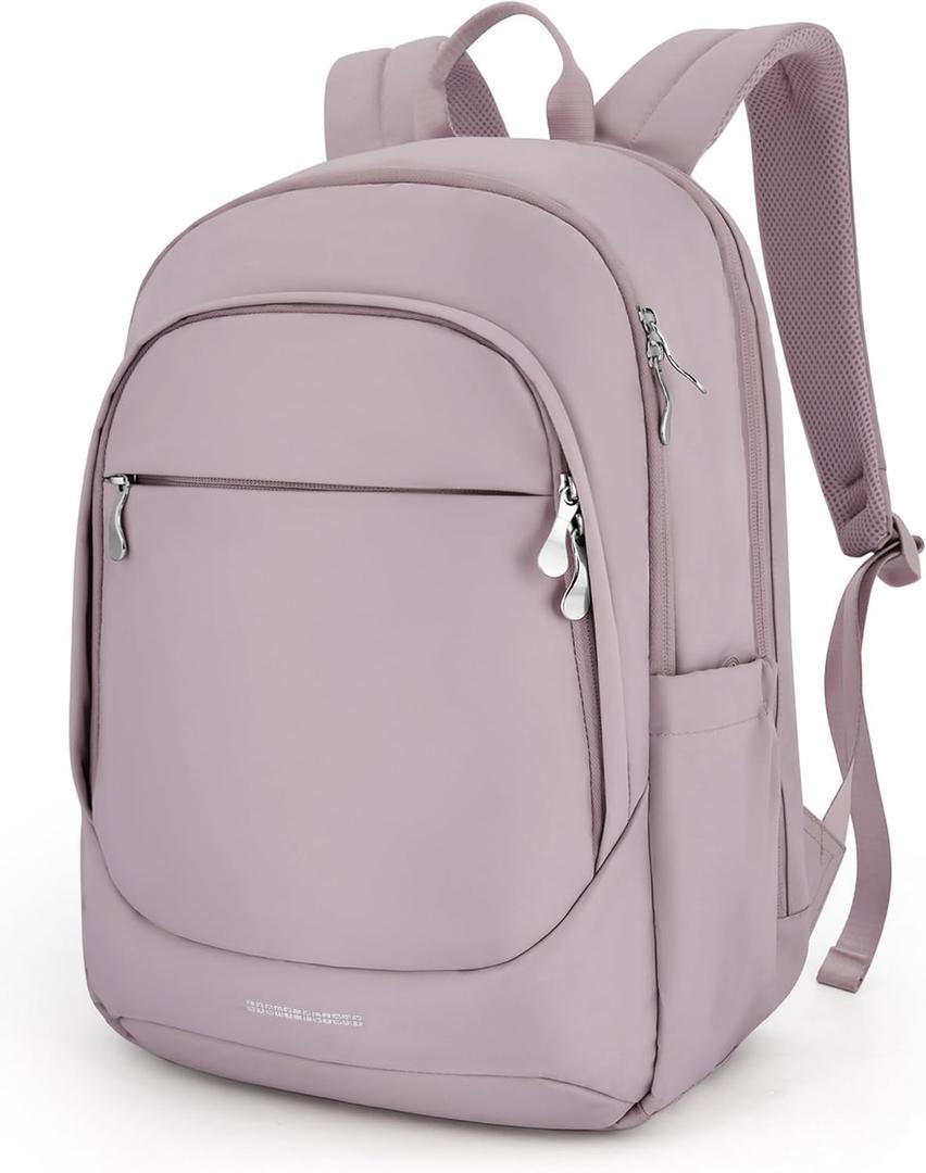 LIGHT FLIGHT Travel Laptop Backpack Women, 15.6 Inch Laptop Backpack with USB Charging Hole, Water Resistant College Bookbag, Black Computer Backpacks for Work, Grayish Pink