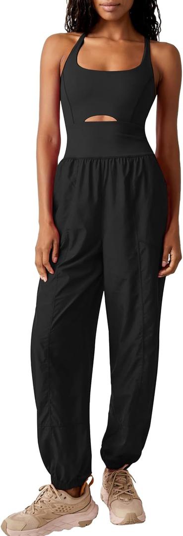 FOMELY Womens Running Onesie Workout Athletic Rompers One Piece Outfits Gym Overall Jumpsuits with Pockets (Small, Black)