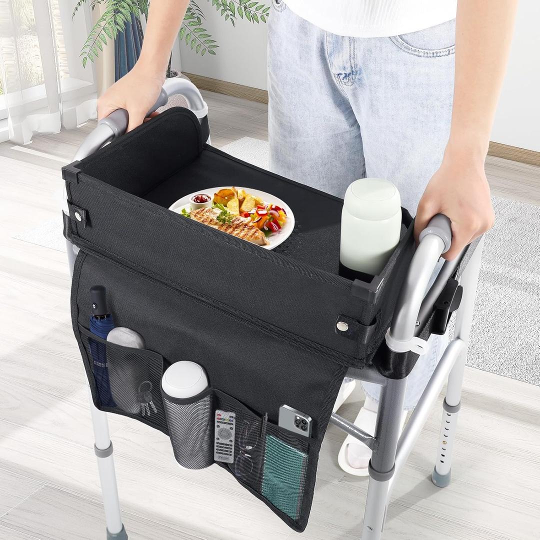 Tray for Walkers for Seniors with Cup Holder - Walker Accessories w/Pockets, Cup Holder & Non Slip Mat for FoodMobility Trays Fits Most Standard Folding Walkers, Removable & Easy Assembly