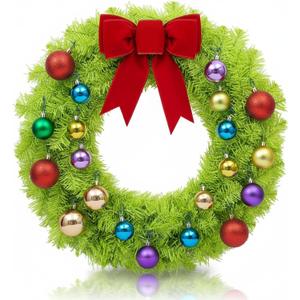 Daifunli 24 Inch Lime Green Christmas Wreath Large Red Bow and Colored Balls Ornaments Artificial Spruce Wreath for Xmas Winter Holiday Front Door Wall Windows Mantle Home Decoration