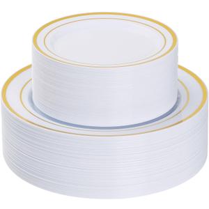 Goodluck 120PCS Gold Plastic Plates, Heavy Duty Disposable Gold Plates with 60 10.25 inch Dinner Plates and 60 7.5 inch Dessert Plates, Disposable Plates for Party, Holiday, Wedding