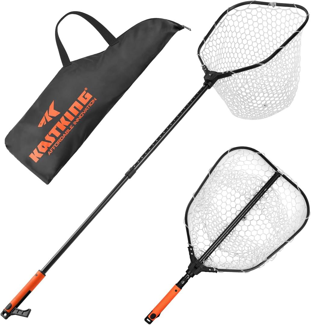KastKing Brutus Folding Landing Net with Boat Hook, Foldable, Extendable, Lightweight & Strong, Multi-Functional Built-in Boat Hook, Non-Slip & Bright Orange TPR Handle, Two Nets Options, Large