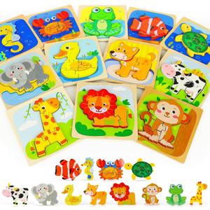 TOY Life Wooden Puzzles for Toddlers 2-4, Montessori Toys for 1 2 3 Year Old Toddler Boys Girls, Animals Jigsaw Puzzles, Educational Learning Toy Kids Puzzle, Best Gifts Toys for Baby Ages 1-3 2-4, Animals Pules 12cs
