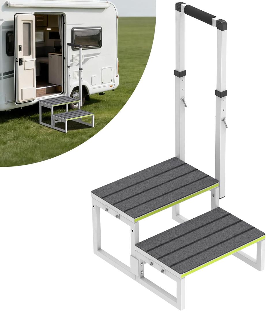 RV Steps with Handrail (26"-38"), Dual-Side Setup, Portable 2-Step RV Stairs with Wide Anti-Slip Mats, Ideal for RVs, Porches, Hot Tubs, Pools, and Pets (White)