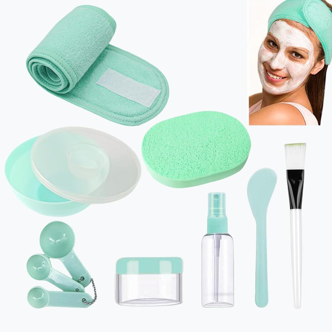 11 Pcs DIY Mask Mixing Tools Set Mixing Bowl, Headband, Spatula, Brush, Spray Bottle, Puff, Soaking Bottle, Measuring Tools, Bowl LidGreen