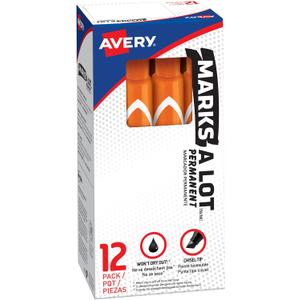 Avery Marks A Lot Permanent Markers, Large Desk-Style Size, Chisel Tip, 12 Orange Markers (08883)