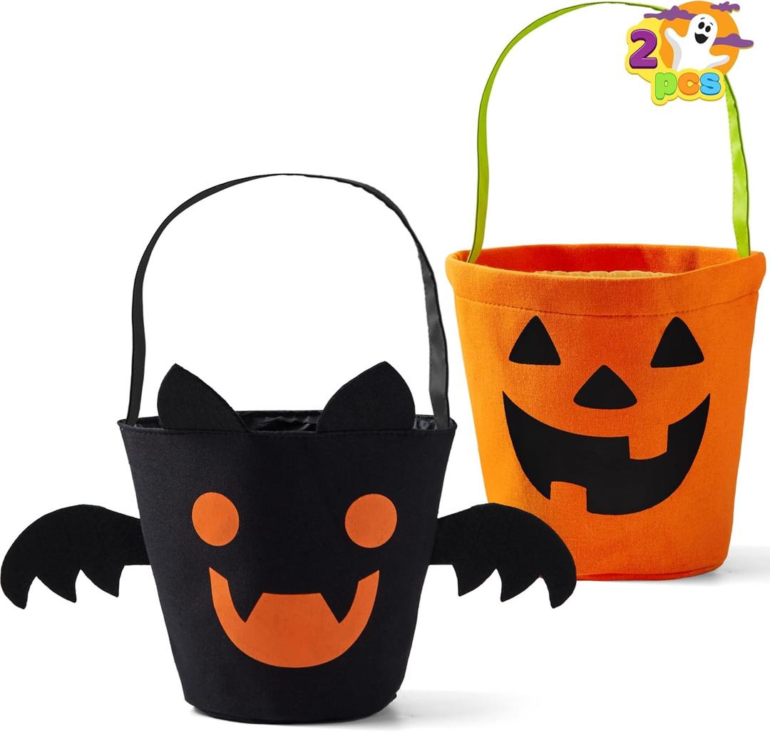 JOYIN 2 PCS Halloween Trick or Treat Bags, 6 X 9 Orange Pumpkin Candy Bucket for Trick or Treating, Black Reusable Bat Goody Tote Bucket, Portable Felt Baskets for Kids Halloween Party Favor Supplies