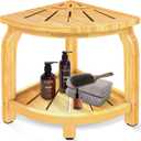 KingPavonini Bamboo Corner Shower Stool for Shaving Legs Foot Rest, Waterproof Bath Bench Seat with Storage Shelf for Bathroom Inside Shower, Hold Up to 450Lbs