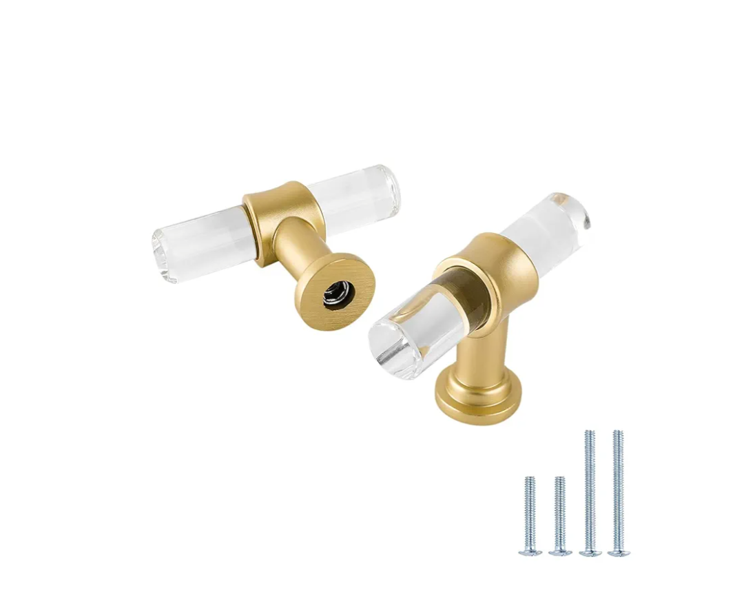 LONTAN 12 Pack Acrylic Kitchen Cabinet Knobs Gold Drawer Knobs Modern T Bar Clear Cabinet Door Handles White Kitchen Hardware for Dresser Bathroom, Zinc Alloy Base