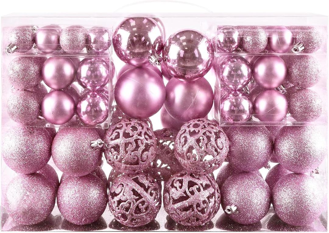 Christmas Balls Tree Ornaments Set, Shatterproof Xmas Decorations Set with Reusable Hand-held Gift Package for Holiday Indoor Tree Decor (100, Pink)