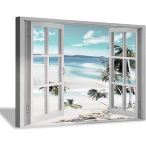 Canvas Windows Picture Wall Art: Beach with Light Blue Coastal Palm Graphic Artwork Print on Canvas Artwork for Living Room (45 x 30 x 1 Panel)