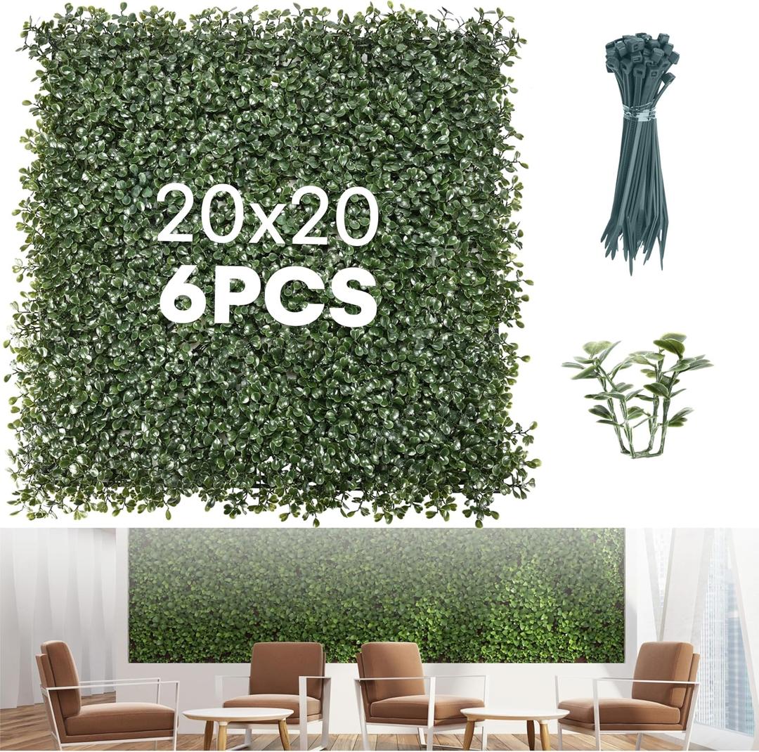 Grass Wall Panels 20  20 (6 Pack)  UV-Protected Artificial Boxwood Hedge Greenery Backdrop Covers 16.66 sq ft, Indoor/Outdoor Privacy Fence Screen, Zip Ties & Spare Leaves Included
