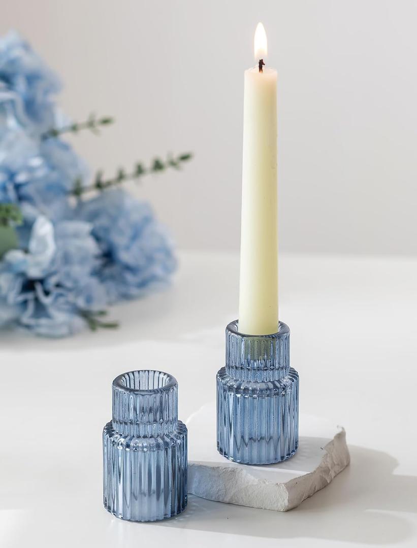 Romadedi Glass Candle Holders for Candlestick - 2 Pcs Blue Tapered Candle Sticks Holder Decor Bulk for Wedding Table Centerpiece Ribbed Taper Holder for Birthday Party Bridal Showers