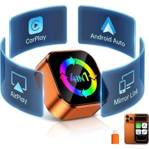 4-in-1 Wireless CarPlay Adapter with Screen Mirroring, Watch Netflix/YouTube in Car, Android Auto AirPlay Mirror Link, Plug & Play No App, Compatible with 800+ Cars iPhone Android