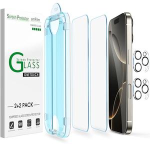 amFilm Auto-Alignment OneTouch for iPhone 16 Pro [6.3''] Screen Protector + Camera Lens Protector, Tempered Glass, 30 seconds Installation, Bubble Free, Case Friendly, Anti-Scratch [2+2 Pack]