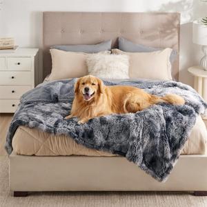 Bedsure Waterproof Dog Blankets for Large Dogs - Cat Blanket for Bed Couch Protector Washable Long Faux Fur, Calming Soft Reversible Throw Furniture Protection for Puppy Pet, 60"x80", Tie-dye Grey
