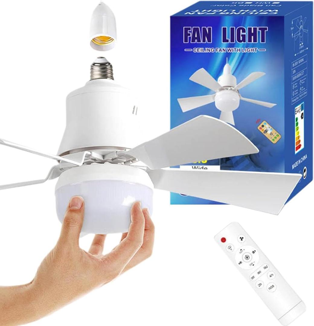 Ceiling Fans with Lights and Remote,15.74IN Socket Fan Light,Quiet Ceiling Fans with 5 Blades, 3 Color LED Dimmable,E27 Base Screw in Ceiling Fan Light for Bedroom, Garage, Kitchen, Living Room (40W, White)