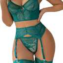 WDIRARA Women's 4 Pieces Floral Lace Mesh Underwire Garter Lingerie Set with Stocking (Large, Dark Green)