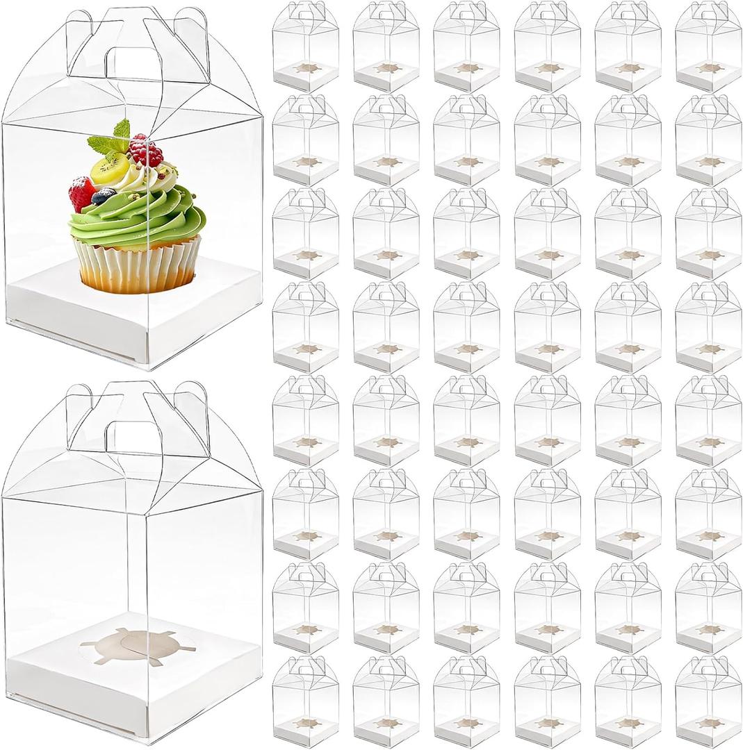 Cedilis 50 Pack Individual Clear Cupcake Boxes, Single Cupcake Containers, Plastic Cupcake Holders with Handle, Inserts and Sticker