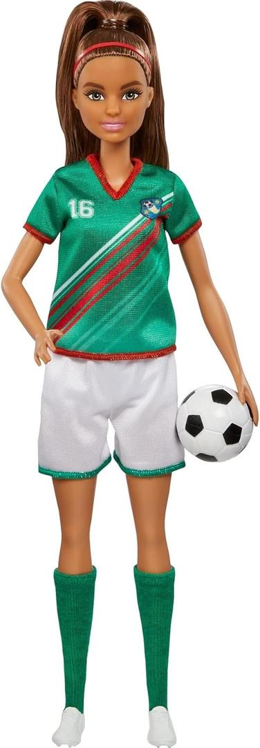 Barbie Careers Fashion Doll & Accessory, Soccer Player with Brunette Ponytail, #16 Uniform, Tall Socks, Cleats & Ball (Multicolor)