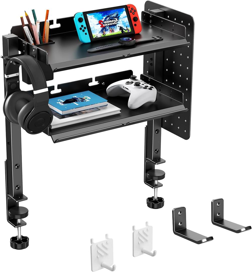 2-Tier Steel Clamp On Desk Shelf, Adjustable 16 inch Desk Storage Shelves with Pegboard and Pencil Holder,Above or Under Heavy Duty Desktop Organizer with Headphone Holder for Desk Accessories (Black)