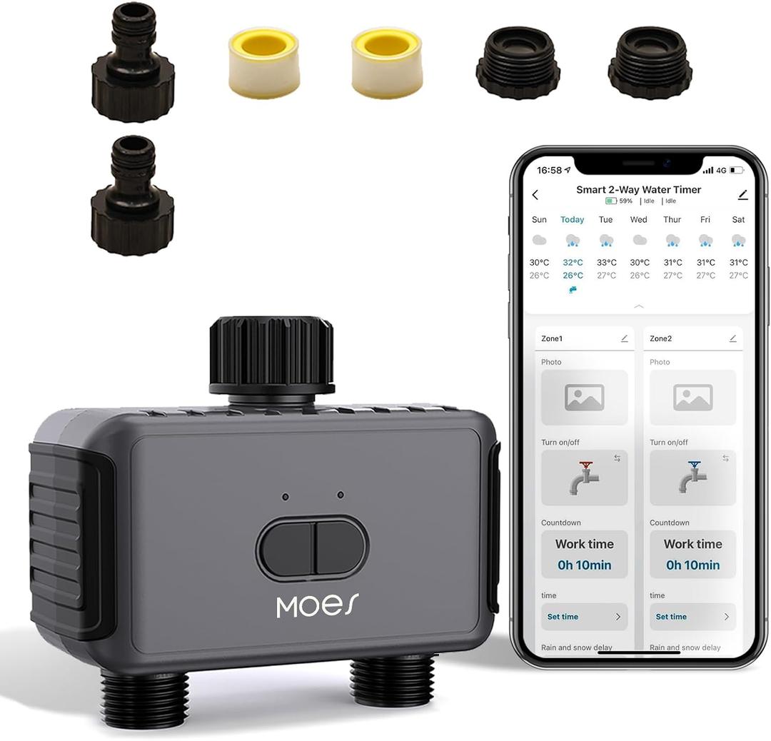 MOES Bluetooth Sprinkler Timer 2 Zone, Water Timer for Garden Hose, 2 Outlet Hose Timer for Garden Watering System, Irrigation Timer IP55 for Garden, Yard and Lawn, Black, BWV-YC02-US-GY-MS