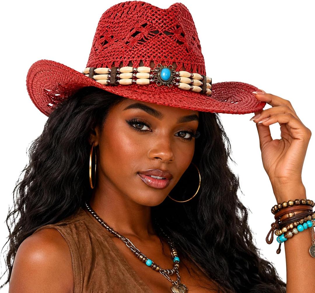 Wildarms Western Cowboy Hat for Women Men Wide Brim Woven Straw Cowboy Hat for Men Cowgirl Sun Beach Hat Decorative Bands