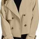 luvamia Cropped Trench Coat for Women Long Sleeve Double Breasted Notched Lapel Casual Loose Fit Jackets with Pockets (XX-Large, Khaki)