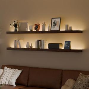60 inch LED Gaming Floating Shelves for Wall,Solid Wood Long Wall Shelves Set of 2 with Light for Gaming Room,Walnut Rustic Wall Mounted Shelves for Living Room Bedroom Kitchen Garage
