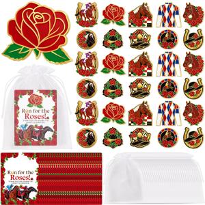 30sets Kentucky Party Derby Decoration Gifts Horse Brooch, Hat, Rose Pins with Cards Bags, Bulk Party Favors, Racing Accessories for Women