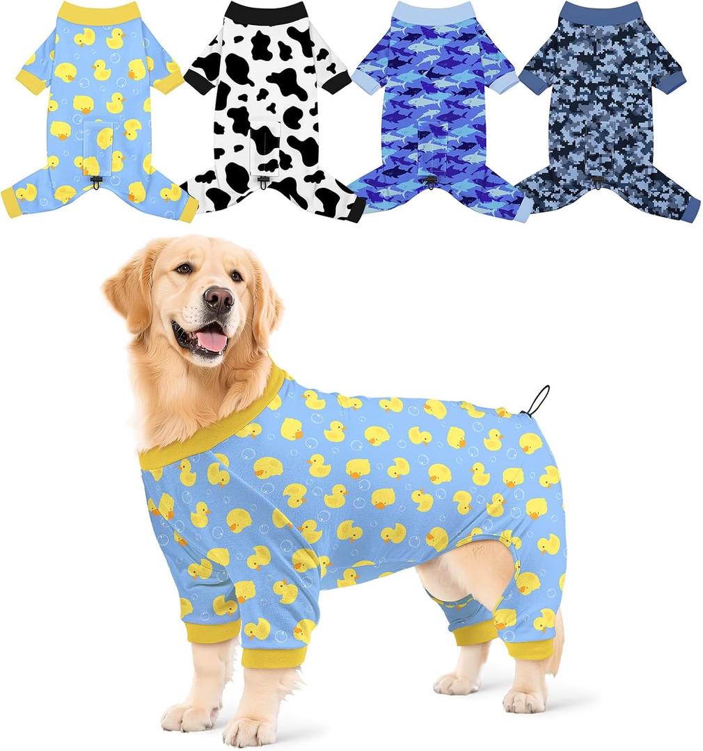 Bienbee Dog Pajamas, 4 Pack Dog Recovery Suit Shedding Suit Cute Soft Puppy Clothes Dogs Pjs Onesies Jammies Adjustable Breathable & Stretchy Clothes for Small Medium Large Dogs Girl Boy Puppy-2XL