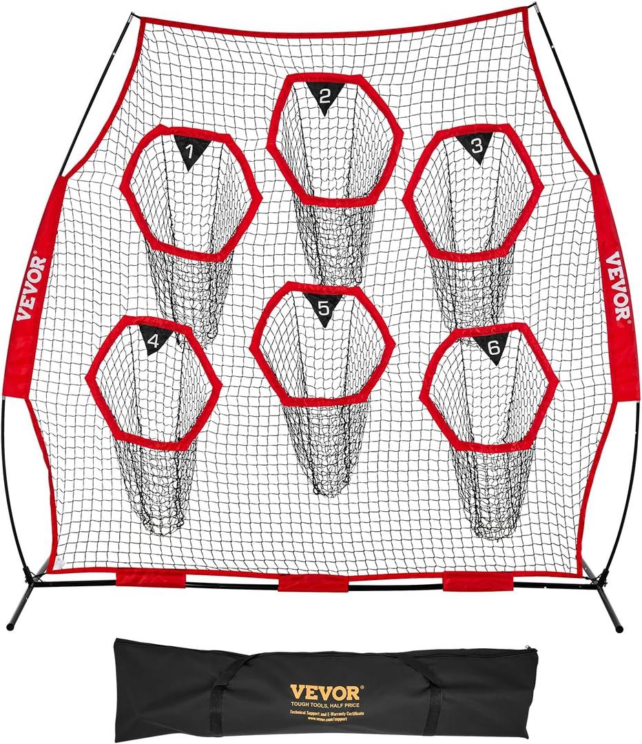 VEVOR Football Trainer Throwing Net, Training Throwing Target Practice Net with Target Pockets, Knotless Net Includes Straps and Portable Carry Case, Improve QB Throwing Accuracy (8x8 ft, Red)