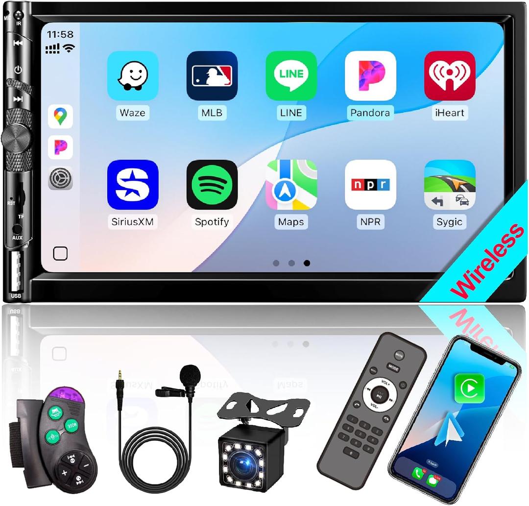 7 Double DIN Car Stereo with Wireless Apple CarPlay Android Auto, Car Radio Bluetooth 5.2, IPS 1024 600 Touch Screen, Backup Camera, FM Radio, Subwoofer, USB,SWC, MIC, Car Audio Receiver,Car Play