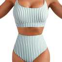 Herseas 2 Piece High Waisted Bikini Set for Women 2026 Spaghetti Straps Swim Top with Reversible Bottom Bathing Suit (Large, Green Stripe)