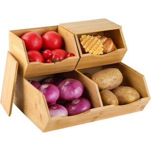 Bamboo Pantry Storage Bins with Lid - Stackable Baskets, Potato and Onion Storage, Wood Storage Bins for Pantry Baskets Organization and Storage, Kitchen Essential, Set 3 Pieces